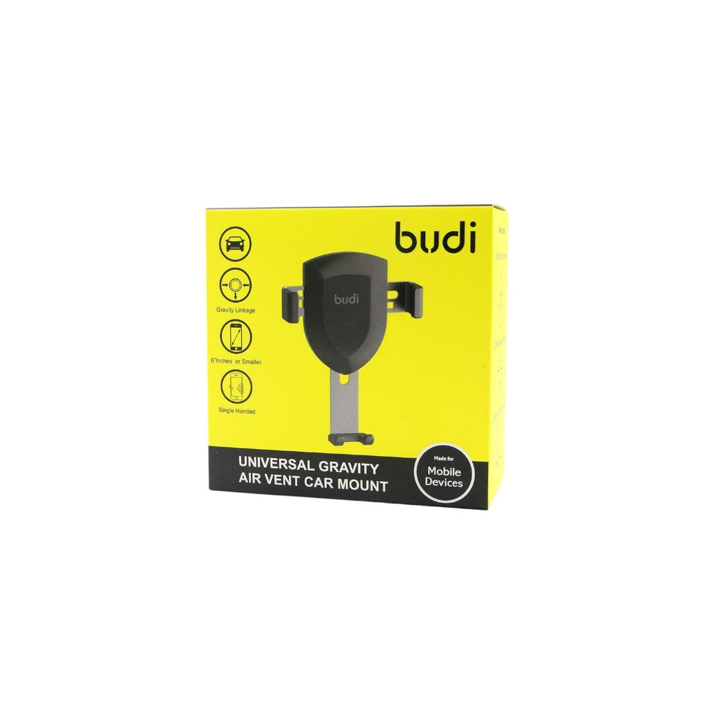 Budi Universal Gravity Air Vent Car Phone Mount - Compatible with Devices 57mm to 83mm - Durable Aluminum Alloy, ABS, Silicone - Sleek Black